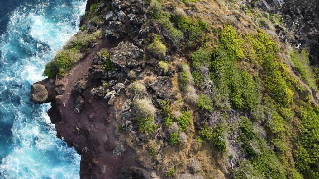Stunning aerial shot of a rugged coastline in La Réunion, France, with dramatic ocean waves.