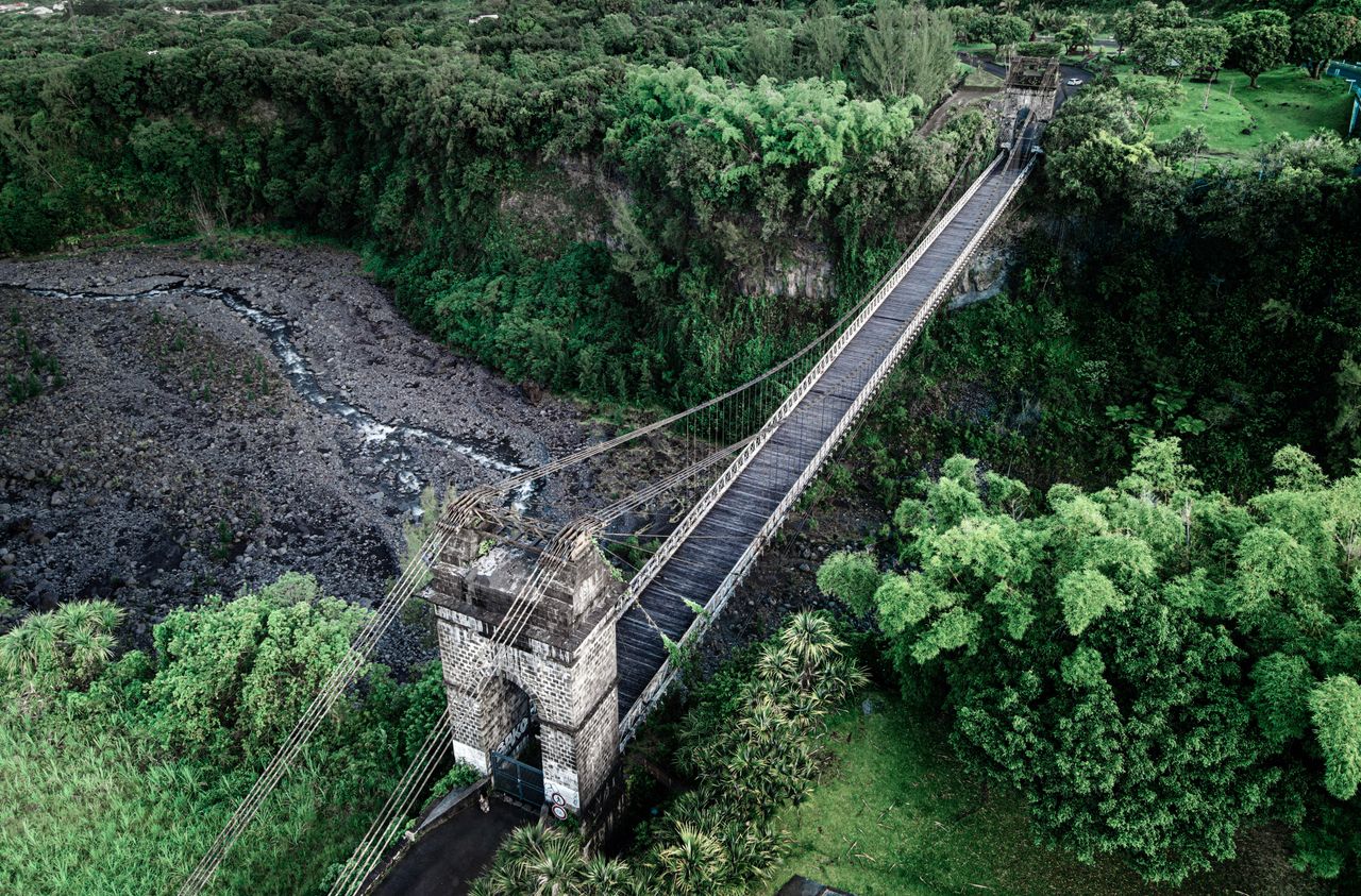 From above of narrow suspension aged bridge over narrow creek flowing among lush green trees growing in woodland in nature